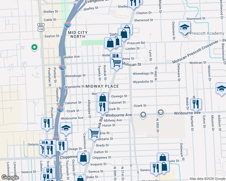 map of restaurants, bars, coffee shops, grocery stores, and more near 3616 Plank Road in Baton Rouge