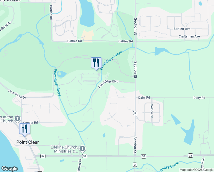 map of restaurants, bars, coffee shops, grocery stores, and more near 17360 Polo Ridge Blvd in Fairhope