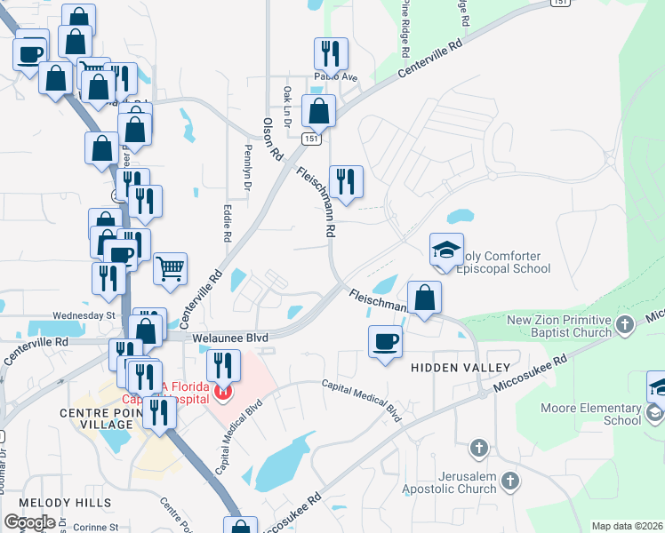 map of restaurants, bars, coffee shops, grocery stores, and more near 2296 Fleischmann Road in Tallahassee