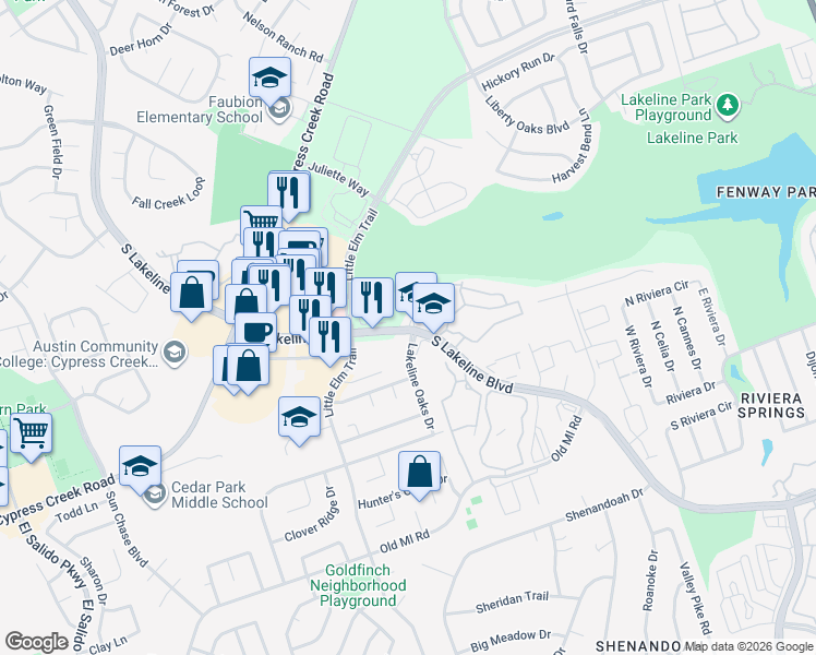 map of restaurants, bars, coffee shops, grocery stores, and more near South Lakeline Boulevard in Cedar Park