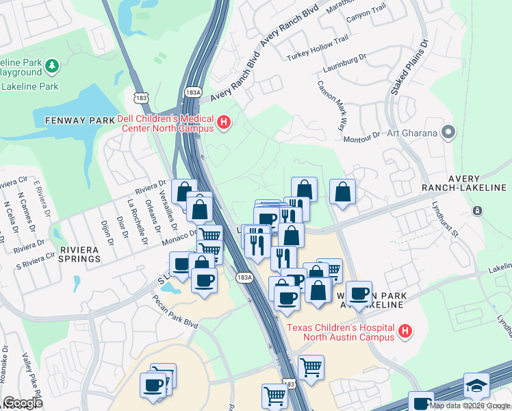 map of restaurants, bars, coffee shops, grocery stores, and more near 14115 North Highway 183 in Austin