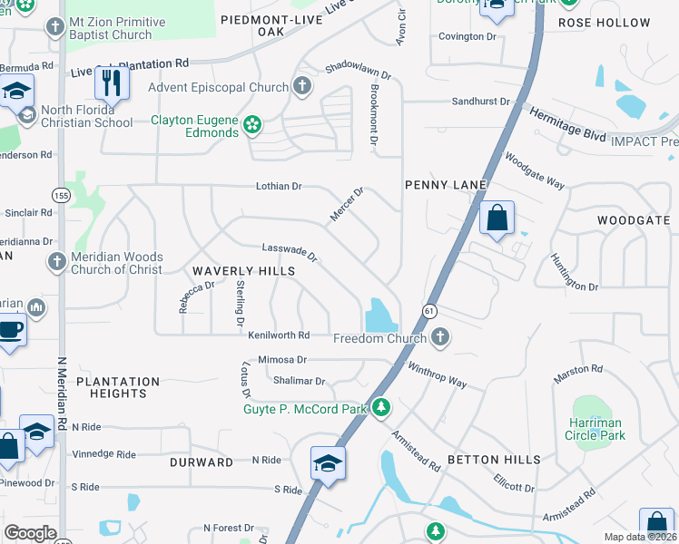 map of restaurants, bars, coffee shops, grocery stores, and more near 1112 Lasswade Drive in Tallahassee