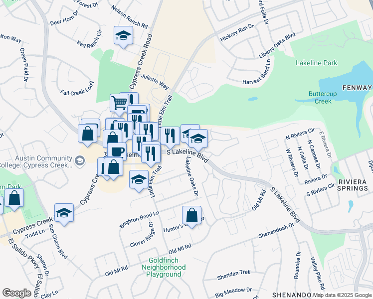 map of restaurants, bars, coffee shops, grocery stores, and more near South Lakeline Boulevard in Cedar Park