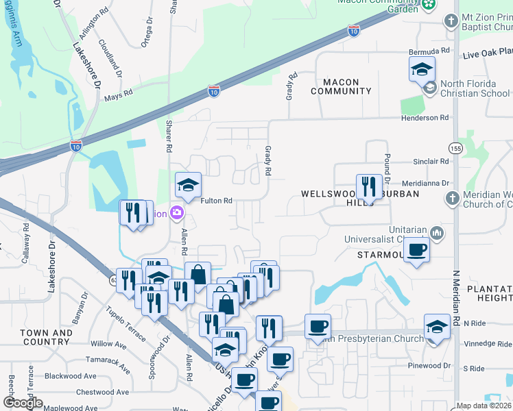 map of restaurants, bars, coffee shops, grocery stores, and more near 2876 Waterbrook Way in Tallahassee