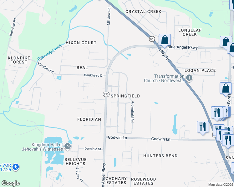 map of restaurants, bars, coffee shops, grocery stores, and more near 3080 Flintlock Drive in Pensacola