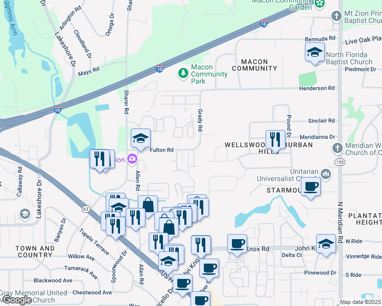 map of restaurants, bars, coffee shops, grocery stores, and more near 2881 Waterbrook Way in Tallahassee