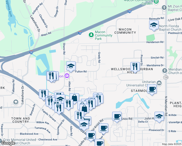map of restaurants, bars, coffee shops, grocery stores, and more near 603 Fulton Road in Tallahassee