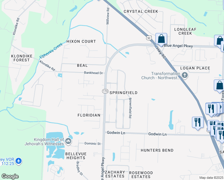 map of restaurants, bars, coffee shops, grocery stores, and more near 201 Darrah Circle in Pensacola
