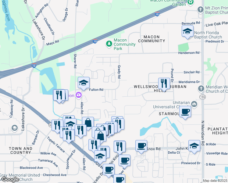 map of restaurants, bars, coffee shops, grocery stores, and more near 2881 Waterbrook Way in Tallahassee