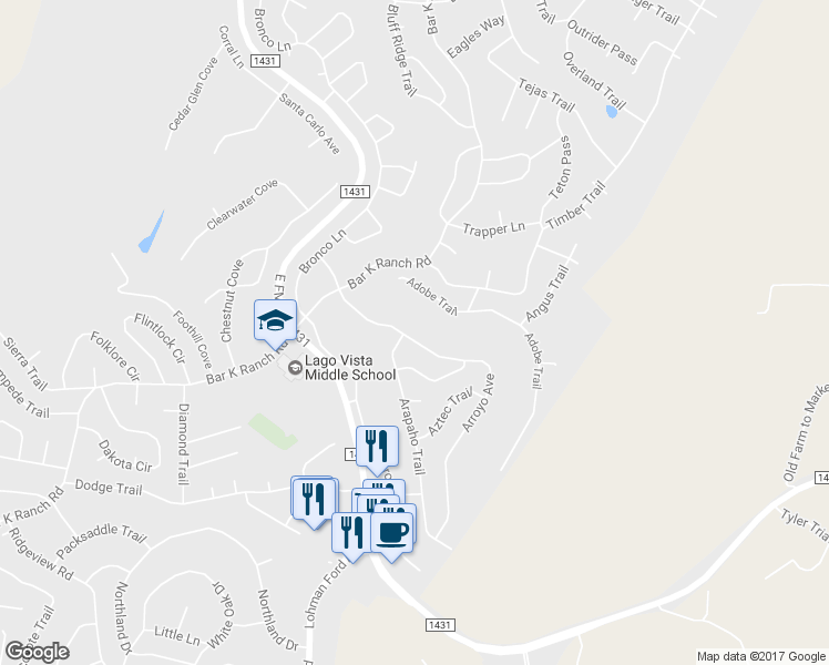 map of restaurants, bars, coffee shops, grocery stores, and more near 8197 Arroyo Avenue in Lago Vista