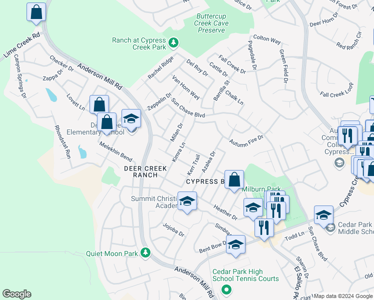 map of restaurants, bars, coffee shops, grocery stores, and more near 1418 Nandina Drive in Cedar Park