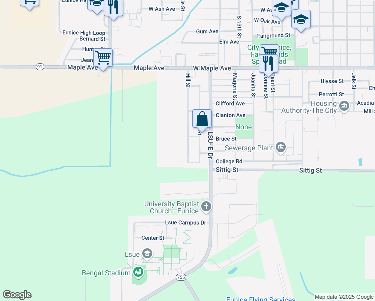 map of restaurants, bars, coffee shops, grocery stores, and more near 600-898 Hill Street in Eunice