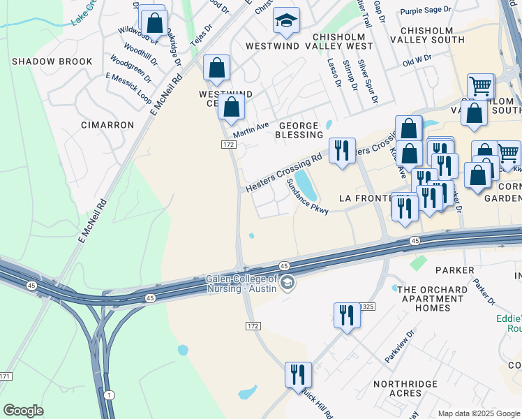 map of restaurants, bars, coffee shops, grocery stores, and more near 1401 Hesters Crossing Road in Round Rock