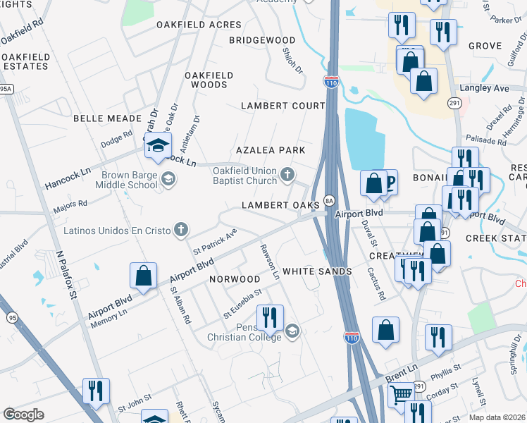 map of restaurants, bars, coffee shops, grocery stores, and more near 5808 Saint Benedict Avenue in Pensacola
