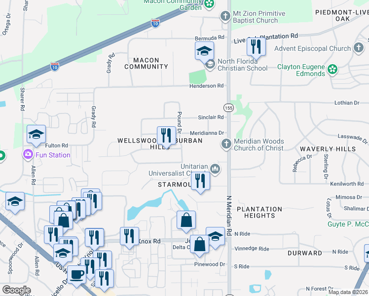 map of restaurants, bars, coffee shops, grocery stores, and more near 2819 Pound Drive in Tallahassee