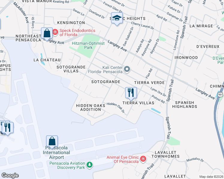 map of restaurants, bars, coffee shops, grocery stores, and more near 5260 Leesway Boulevard in Pensacola