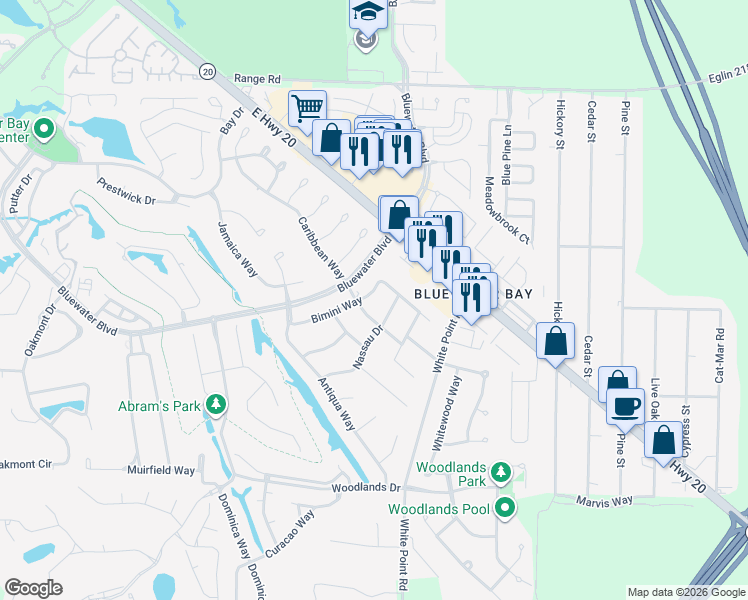 map of restaurants, bars, coffee shops, grocery stores, and more near 406 Bimini Way in Niceville