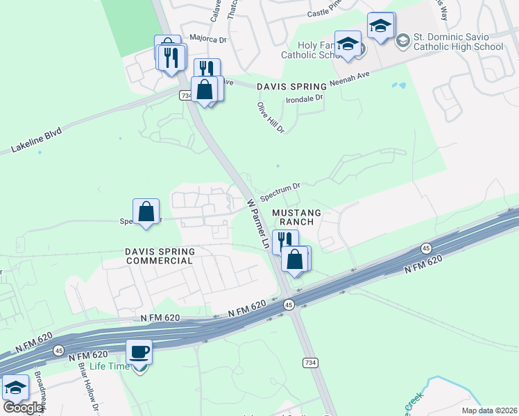 map of restaurants, bars, coffee shops, grocery stores, and more near 9500 West Parmer Lane in Austin