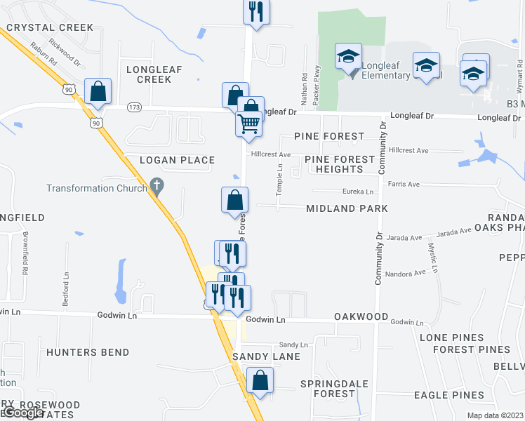 map of restaurants, bars, coffee shops, grocery stores, and more near 6817 Temple Lane in Pensacola