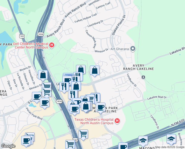 map of restaurants, bars, coffee shops, grocery stores, and more near 9501 North Lake Creek Parkway in Cedar Park