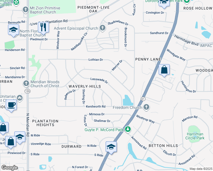 map of restaurants, bars, coffee shops, grocery stores, and more near 1107 Lasswade Drive in Tallahassee