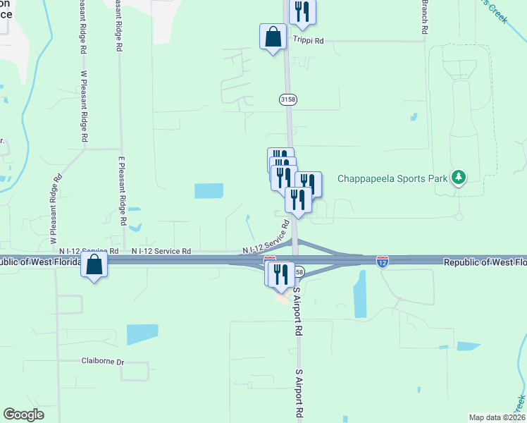 map of restaurants, bars, coffee shops, grocery stores, and more near 43127 South Airport Road in Hammond