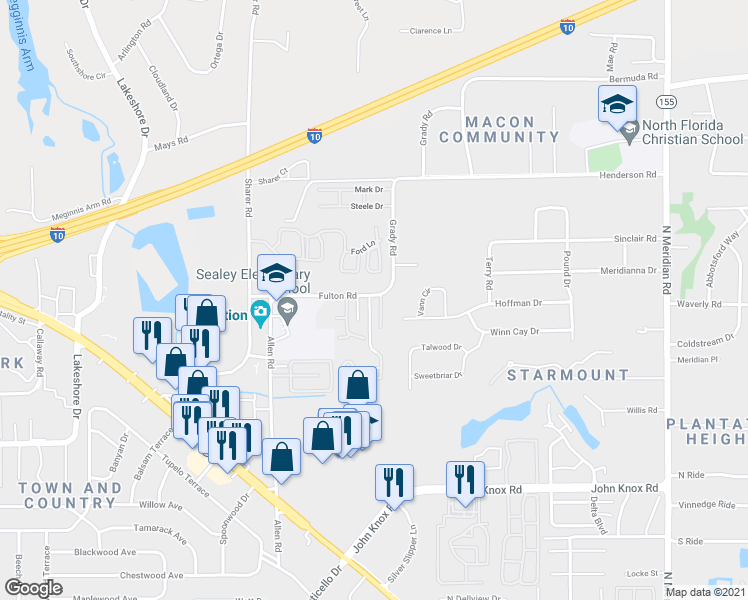 map of restaurants, bars, coffee shops, grocery stores, and more near 619 Arbor Station Lane in Tallahassee
