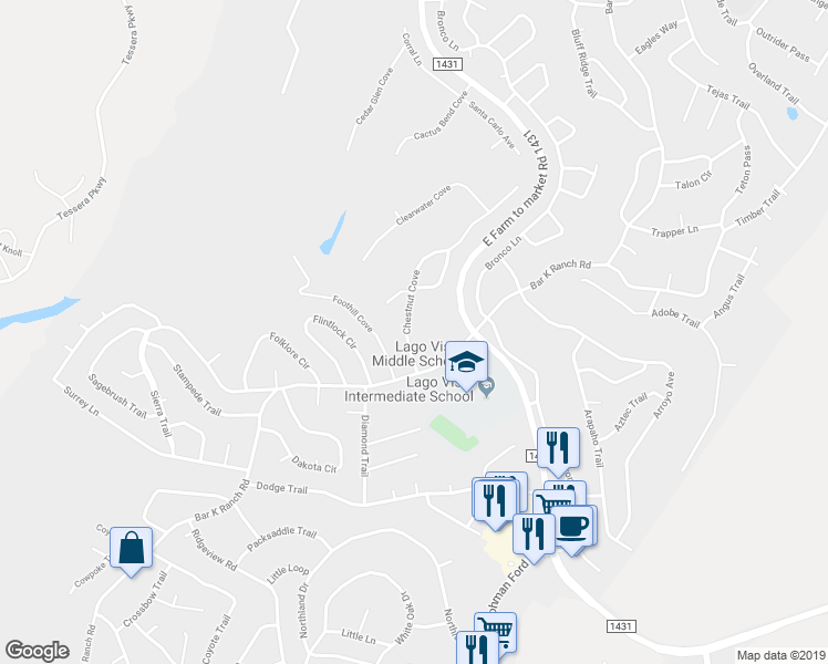 map of restaurants, bars, coffee shops, grocery stores, and more near 8011 Chestnut Cove in Lago Vista
