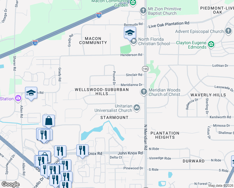 map of restaurants, bars, coffee shops, grocery stores, and more near 2819 Pound Drive in Tallahassee
