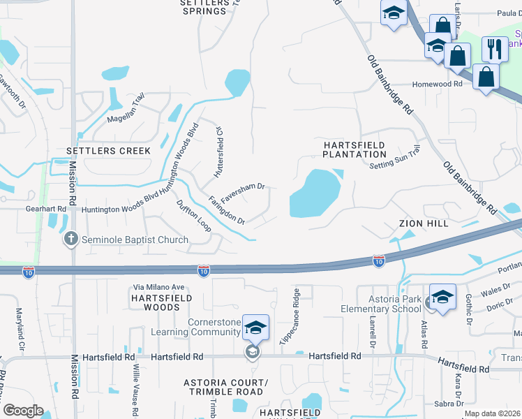map of restaurants, bars, coffee shops, grocery stores, and more near 2707 Faringdon Drive in Tallahassee