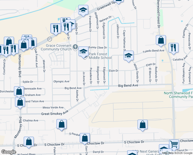 map of restaurants, bars, coffee shops, grocery stores, and more near 3543 Ridgemont Drive in Baton Rouge