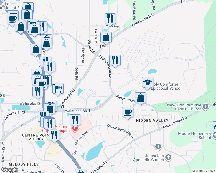 map of restaurants, bars, coffee shops, grocery stores, and more near 2296-2298 Fleischmann Road in Tallahassee