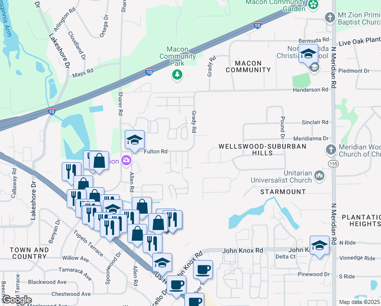 map of restaurants, bars, coffee shops, grocery stores, and more near 2881 Waterbrook Way in Tallahassee