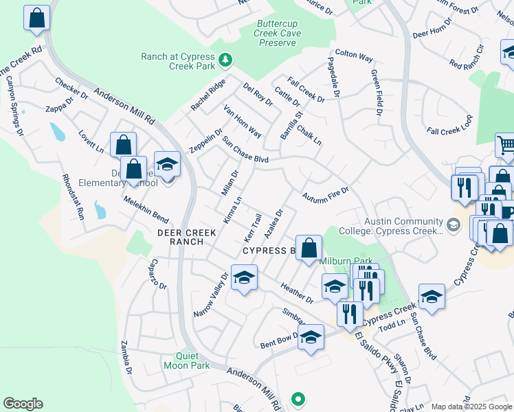 map of restaurants, bars, coffee shops, grocery stores, and more near 1416 Nandina Drive in Cedar Park