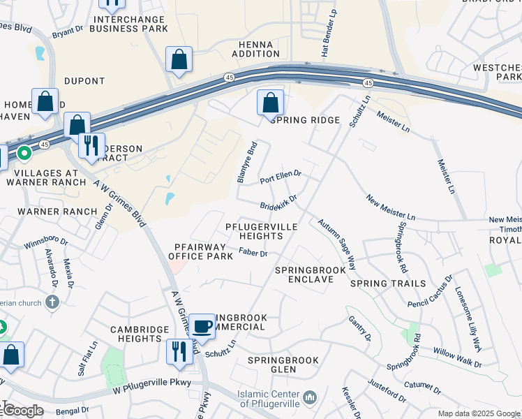 map of restaurants, bars, coffee shops, grocery stores, and more near 2913 Bridekirk Drive in Round Rock