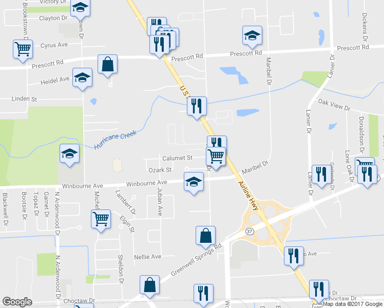 map of restaurants, bars, coffee shops, grocery stores, and more near 7035 Calumet Street in Baton Rouge