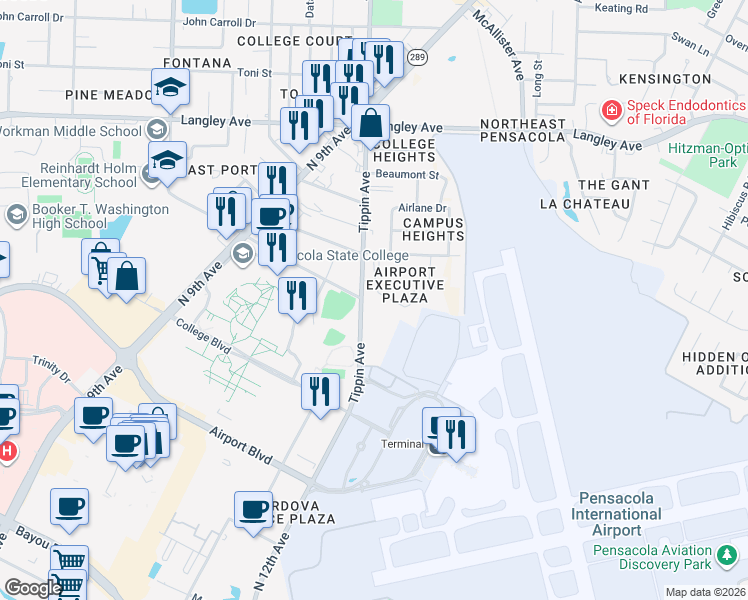 map of restaurants, bars, coffee shops, grocery stores, and more near 5800 Tippin Ave in Pensacola