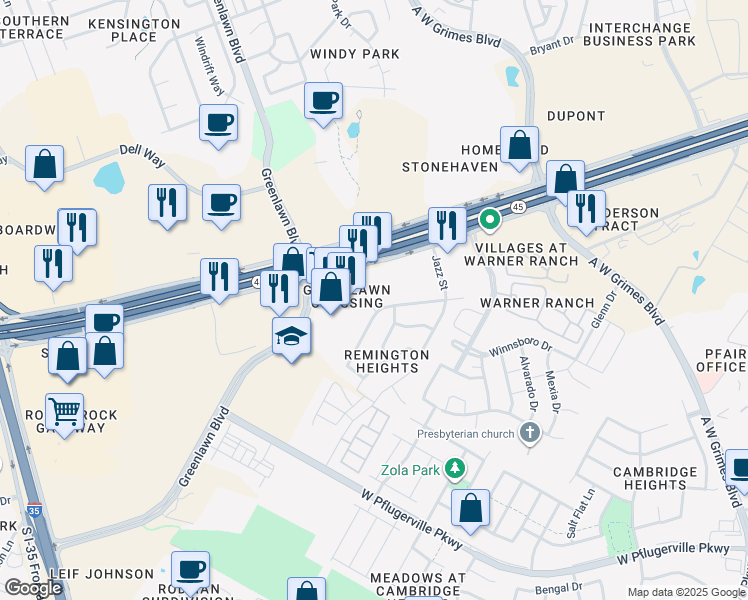 map of restaurants, bars, coffee shops, grocery stores, and more near 3002 Bay Ln in Round Rock