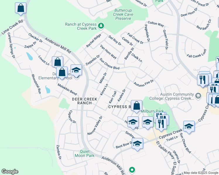 map of restaurants, bars, coffee shops, grocery stores, and more near 1416 Nandina Drive in Cedar Park