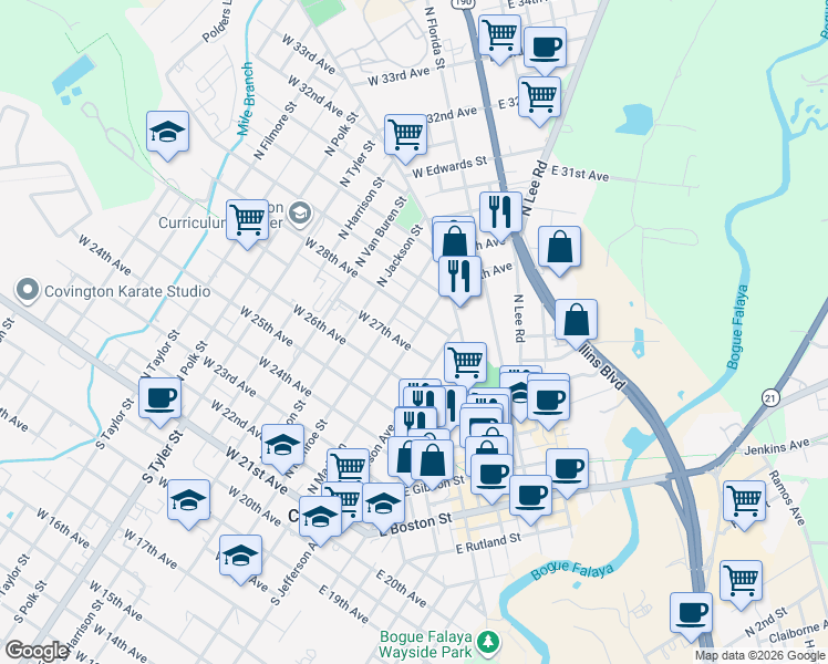map of restaurants, bars, coffee shops, grocery stores, and more near 713 North Madison Street in Covington