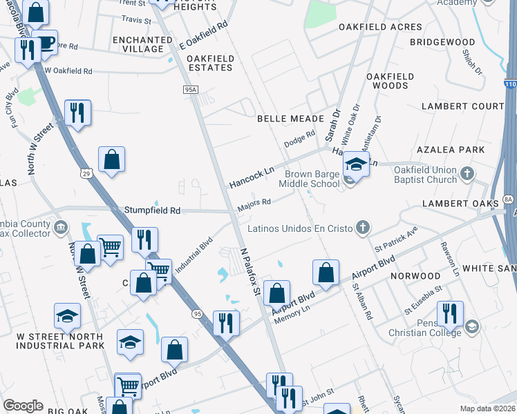 map of restaurants, bars, coffee shops, grocery stores, and more near 29 Majors Road in Pensacola