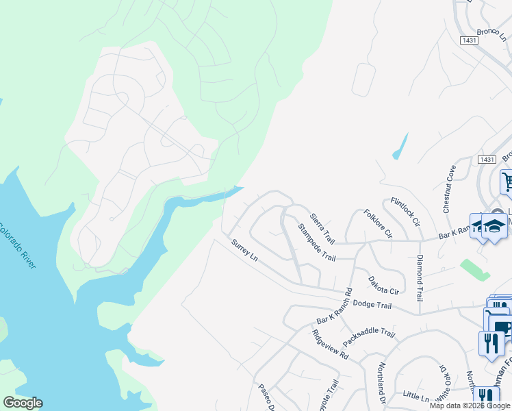 map of restaurants, bars, coffee shops, grocery stores, and more near 21918 Surrey Lane in Lago Vista