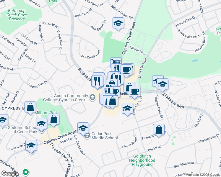 map of restaurants, bars, coffee shops, grocery stores, and more near S Lakeline Blvd & Cypress Creek Road in Cedar Park