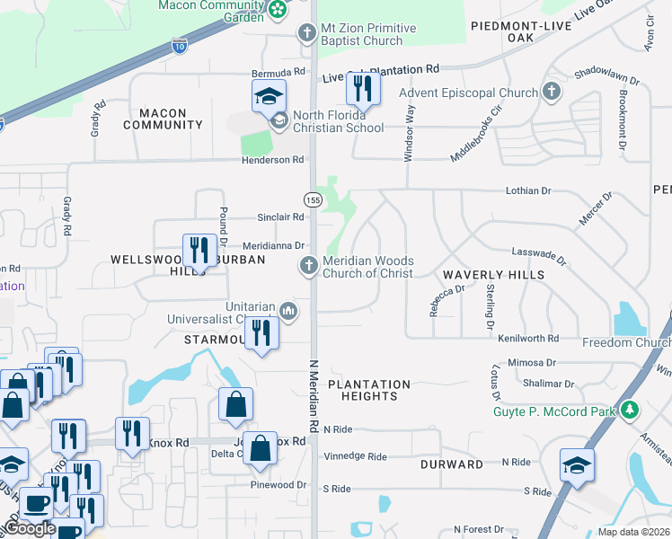 map of restaurants, bars, coffee shops, grocery stores, and more near 422 Waverly Road in Tallahassee