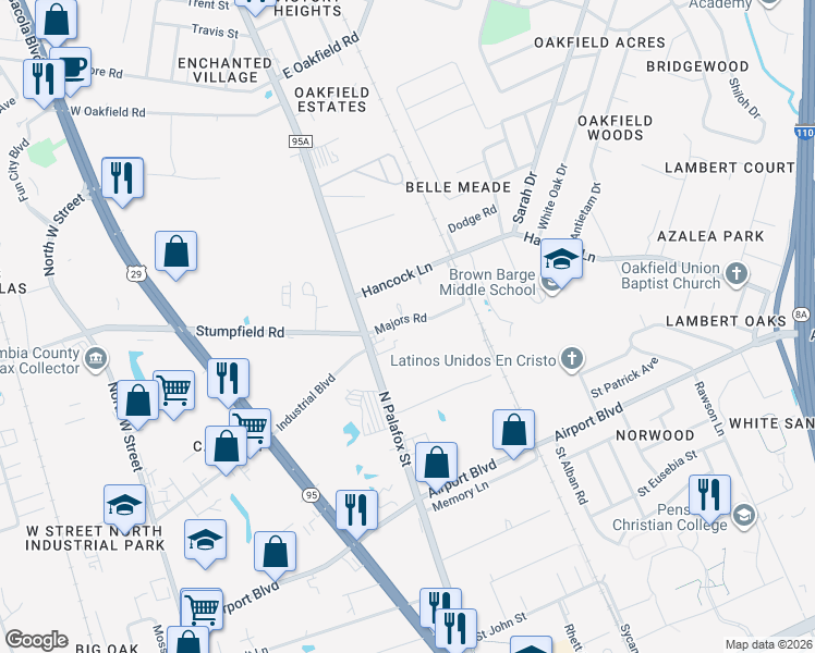 map of restaurants, bars, coffee shops, grocery stores, and more near 29 Majors Road in Pensacola
