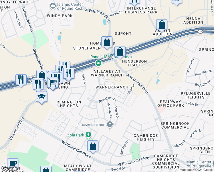 map of restaurants, bars, coffee shops, grocery stores, and more near 1801 Warner Ranch Drive in Round Rock