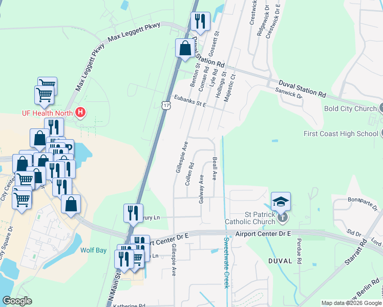 map of restaurants, bars, coffee shops, grocery stores, and more near 13508 Collen Road in Jacksonville