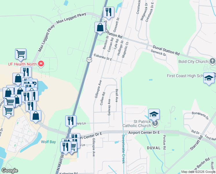 map of restaurants, bars, coffee shops, grocery stores, and more near 13457 Collen Road in Jacksonville