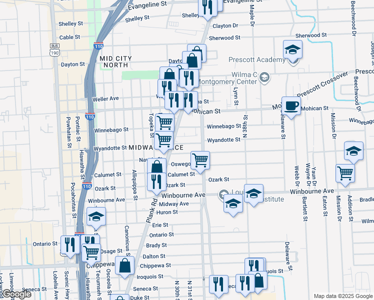 map of restaurants, bars, coffee shops, grocery stores, and more near 3151 Charles Street in Baton Rouge