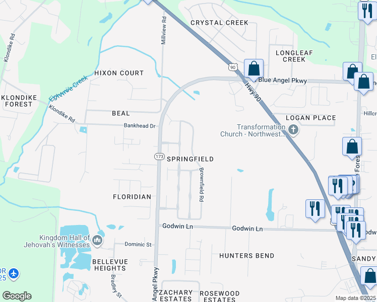 map of restaurants, bars, coffee shops, grocery stores, and more near 1118 Brownfield Road in Pensacola